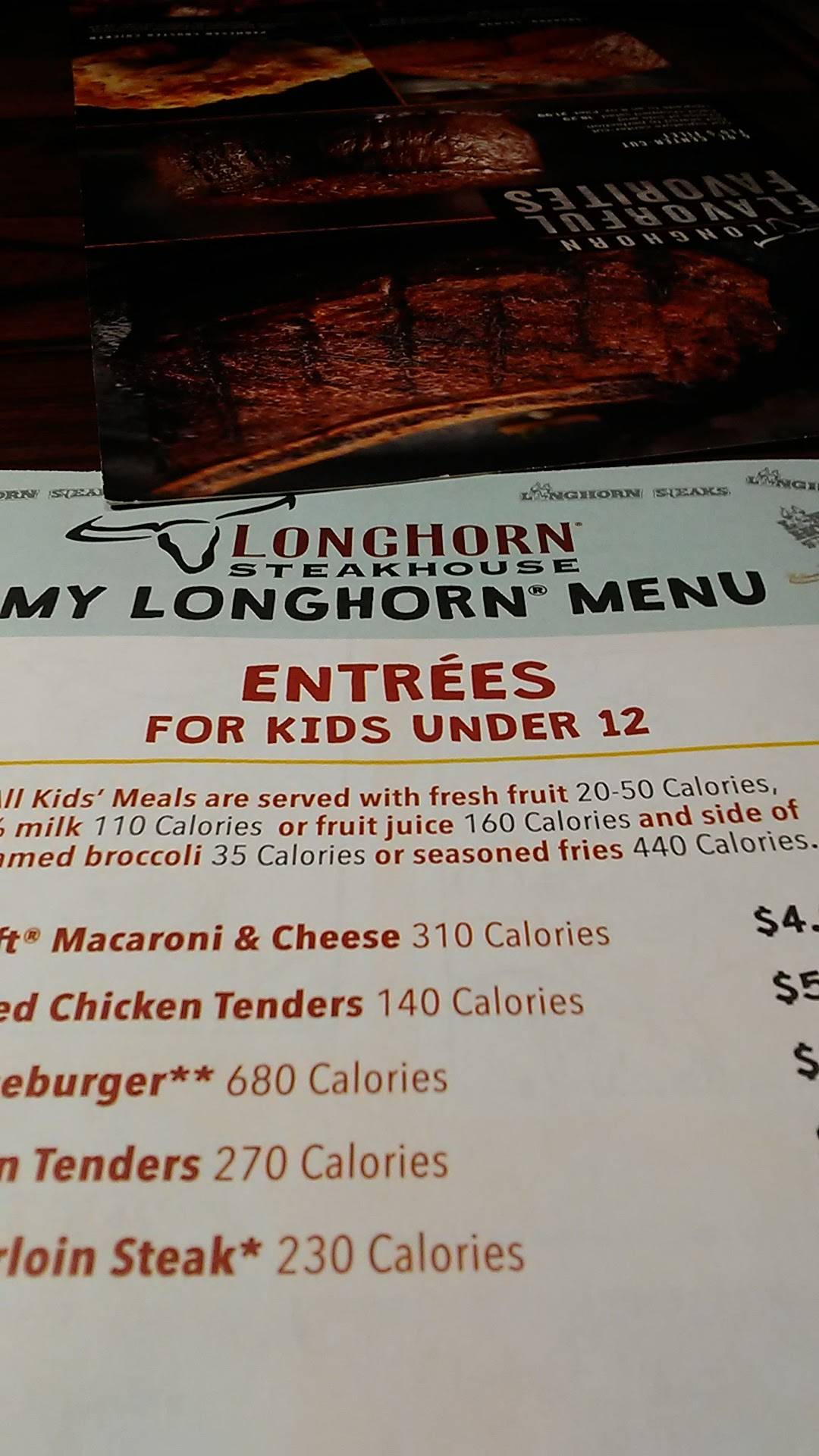 Menu at LongHorn Steakhouse, Colorado Springs