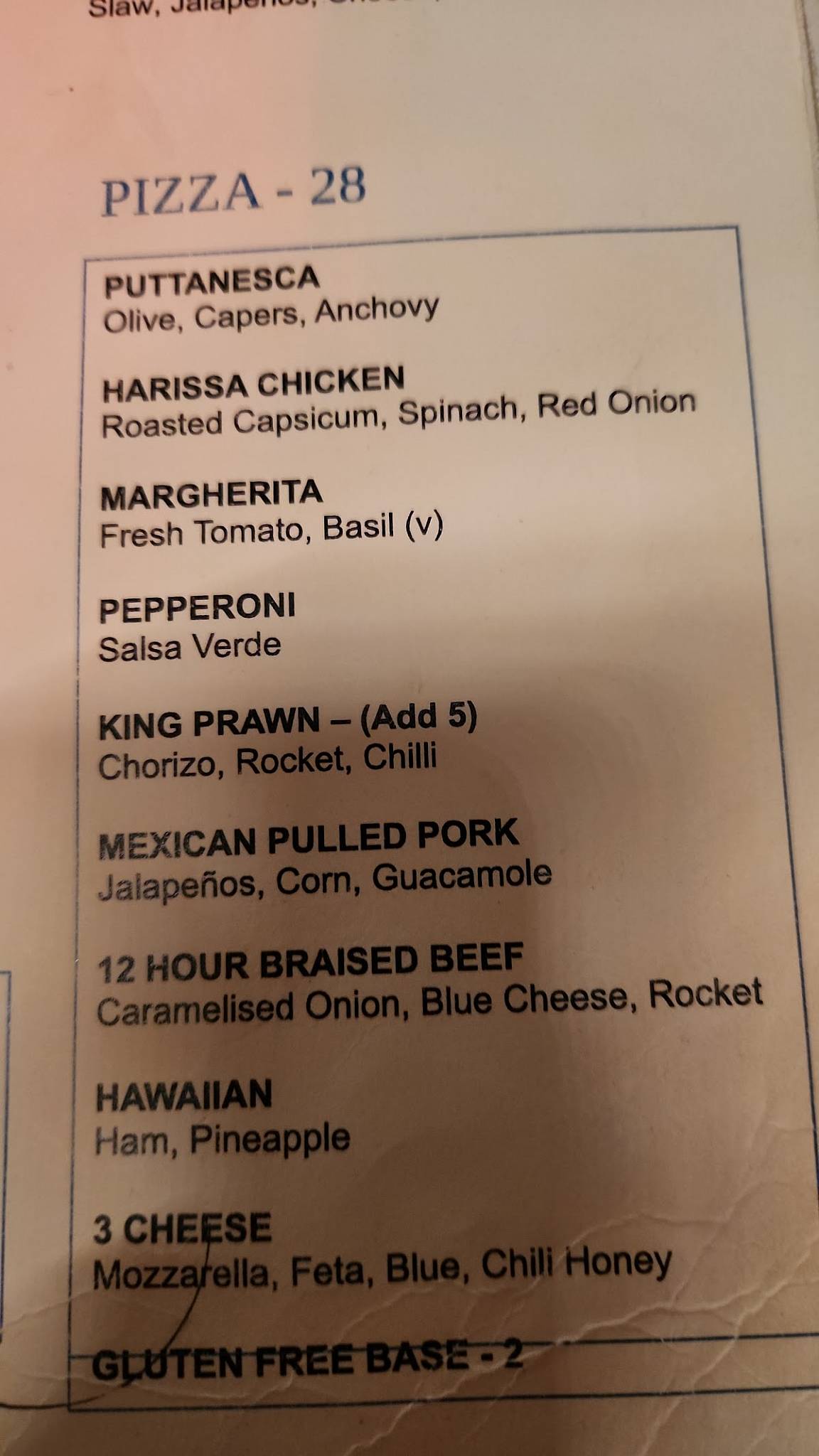 Carta del pub y bar Lord Kitchener, Auckland