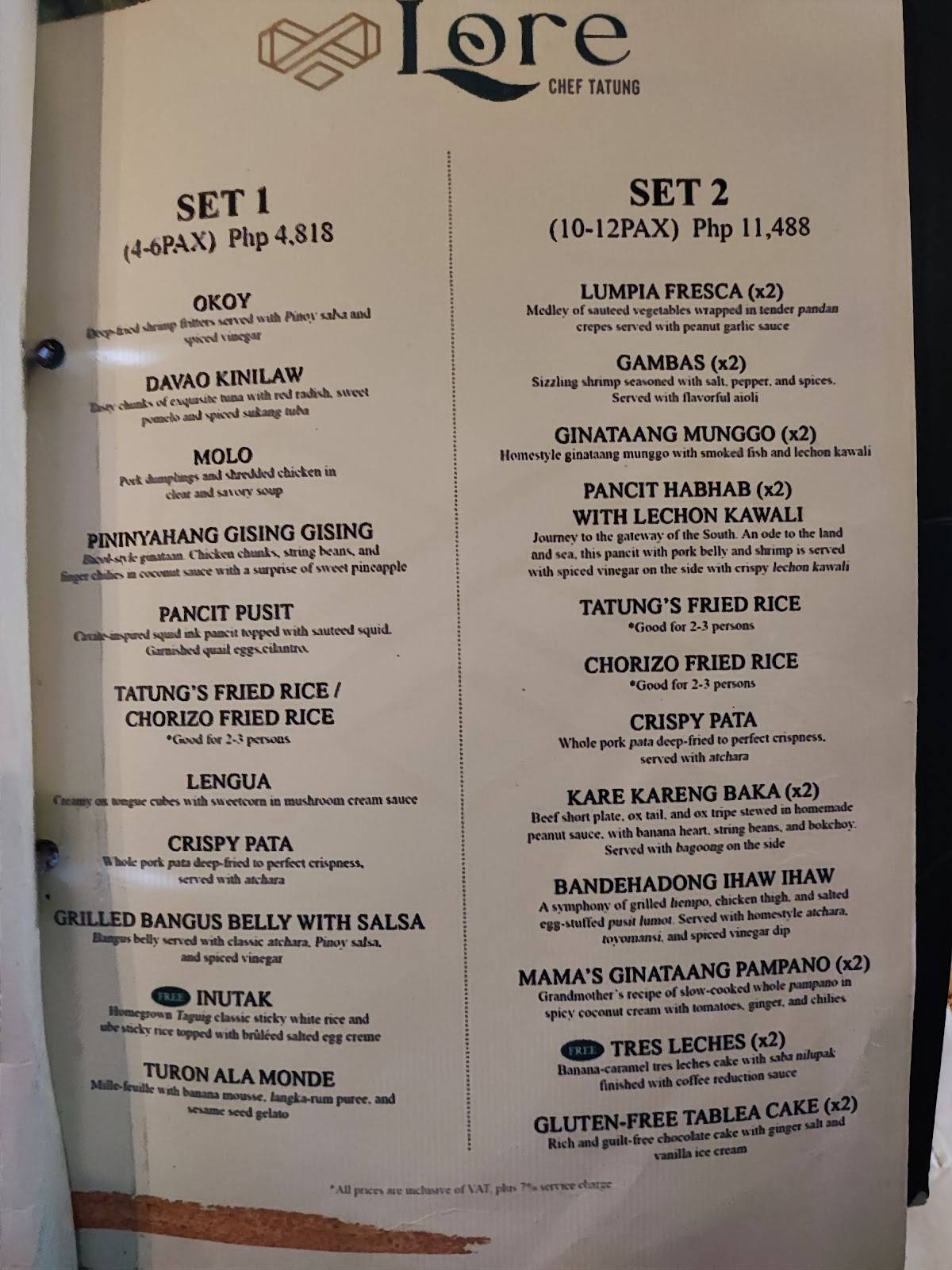 Menu at Lore by Chef Tatung restaurant, Taguig