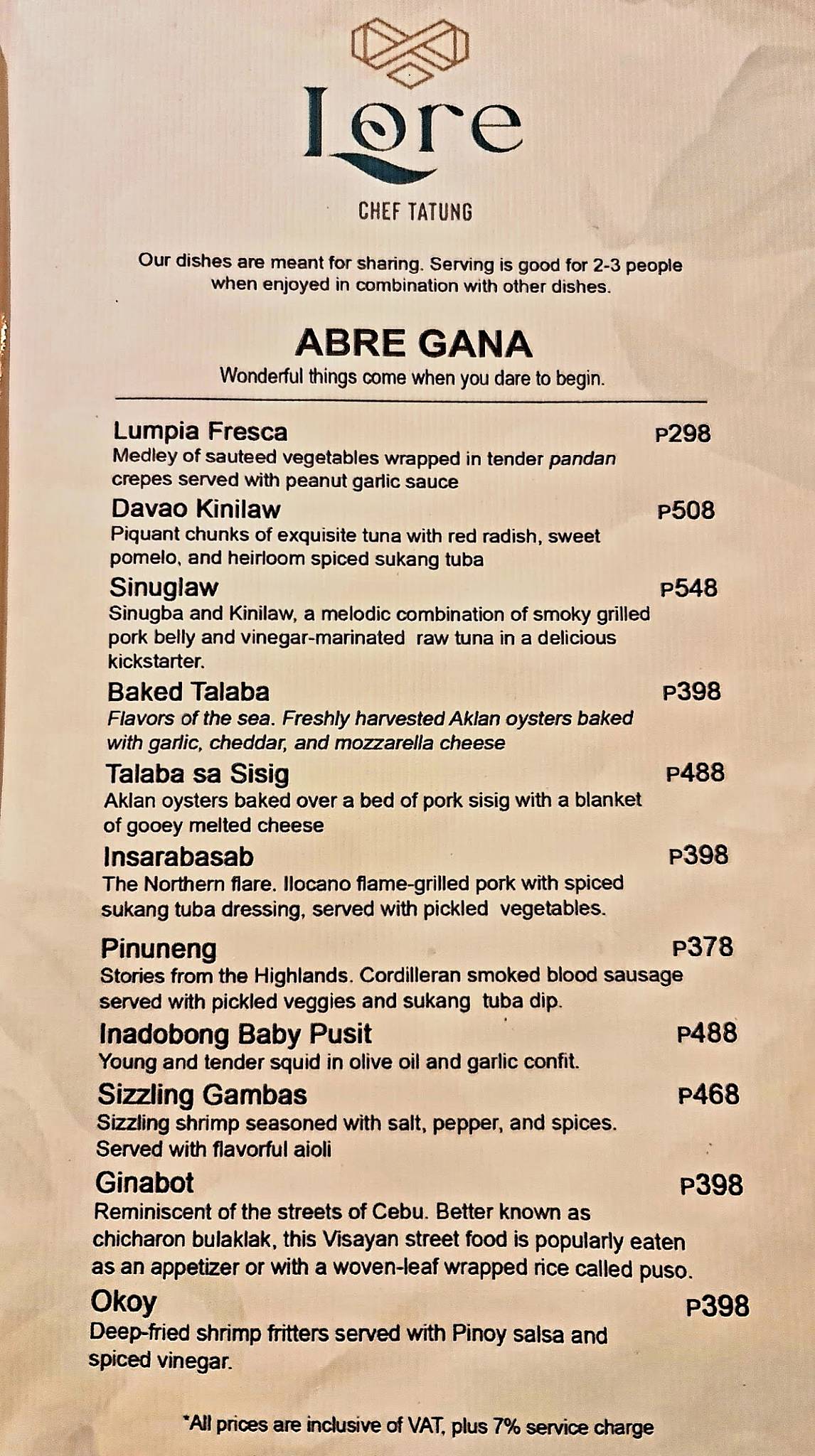 Menu at Lore by Chef Tatung restaurant, Taguig