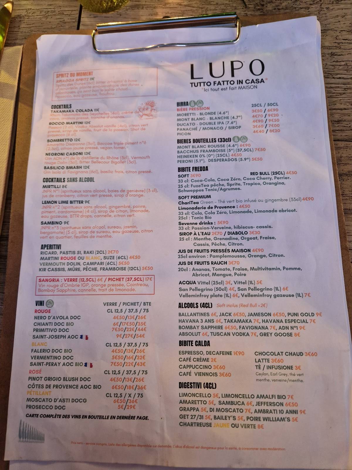 Menu de Lupo : restaurant Italien & pizzeria