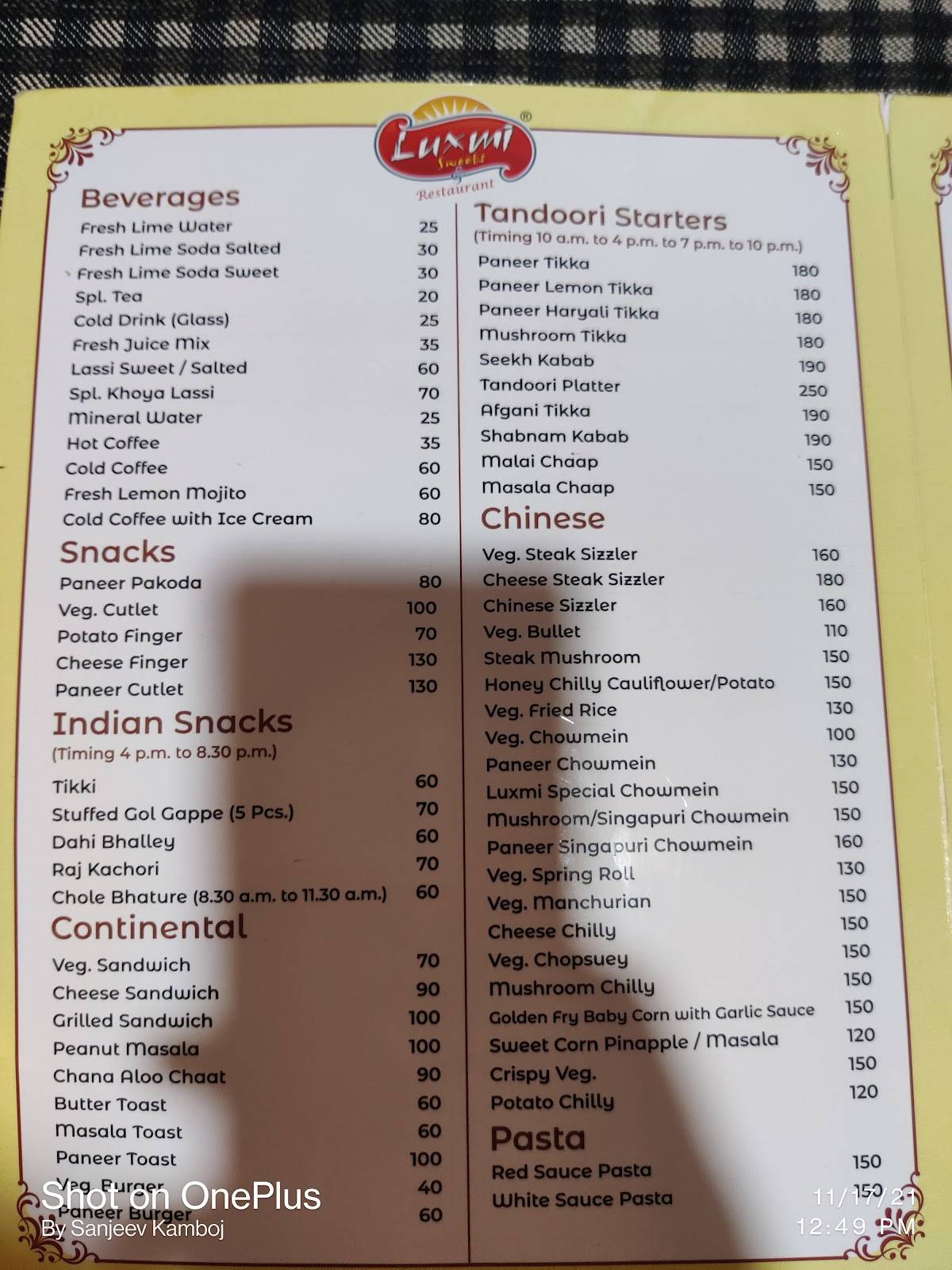 Luxmi Sweets menu