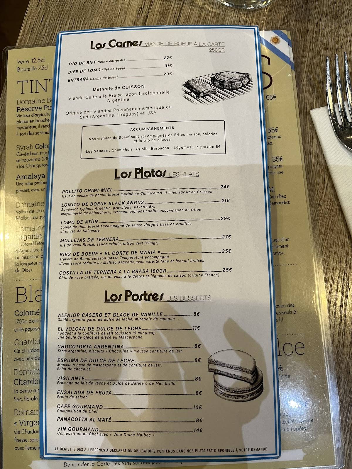 Menu de Milonga Restaurante