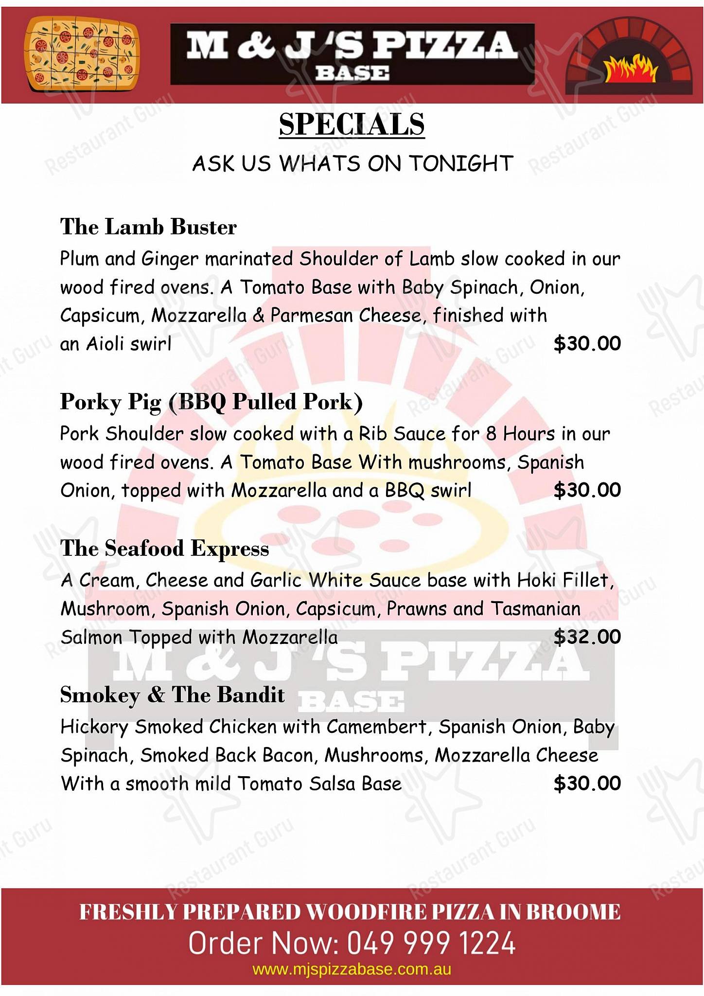 Menu at M&J’s Pizza Base pizzeria, Cable Beach, Cable Beach Rd W