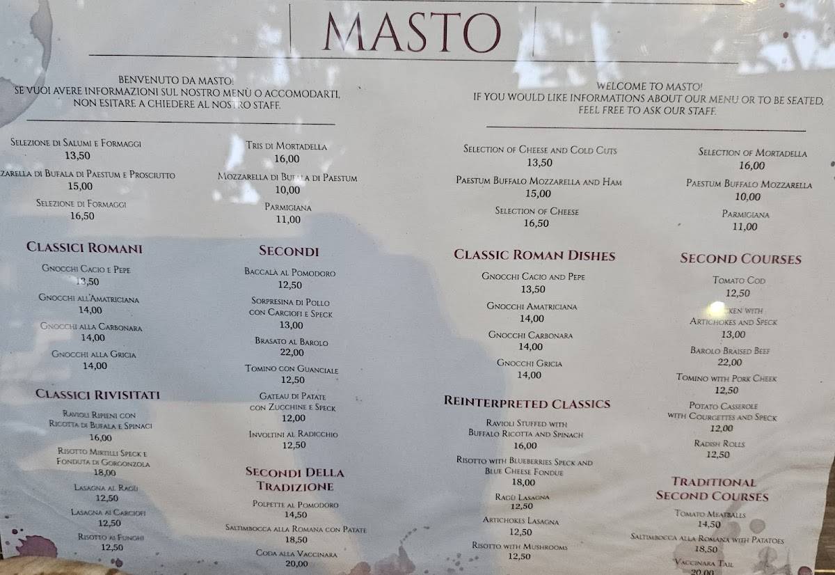 Menu di MASTO a Testaccio I Roma 