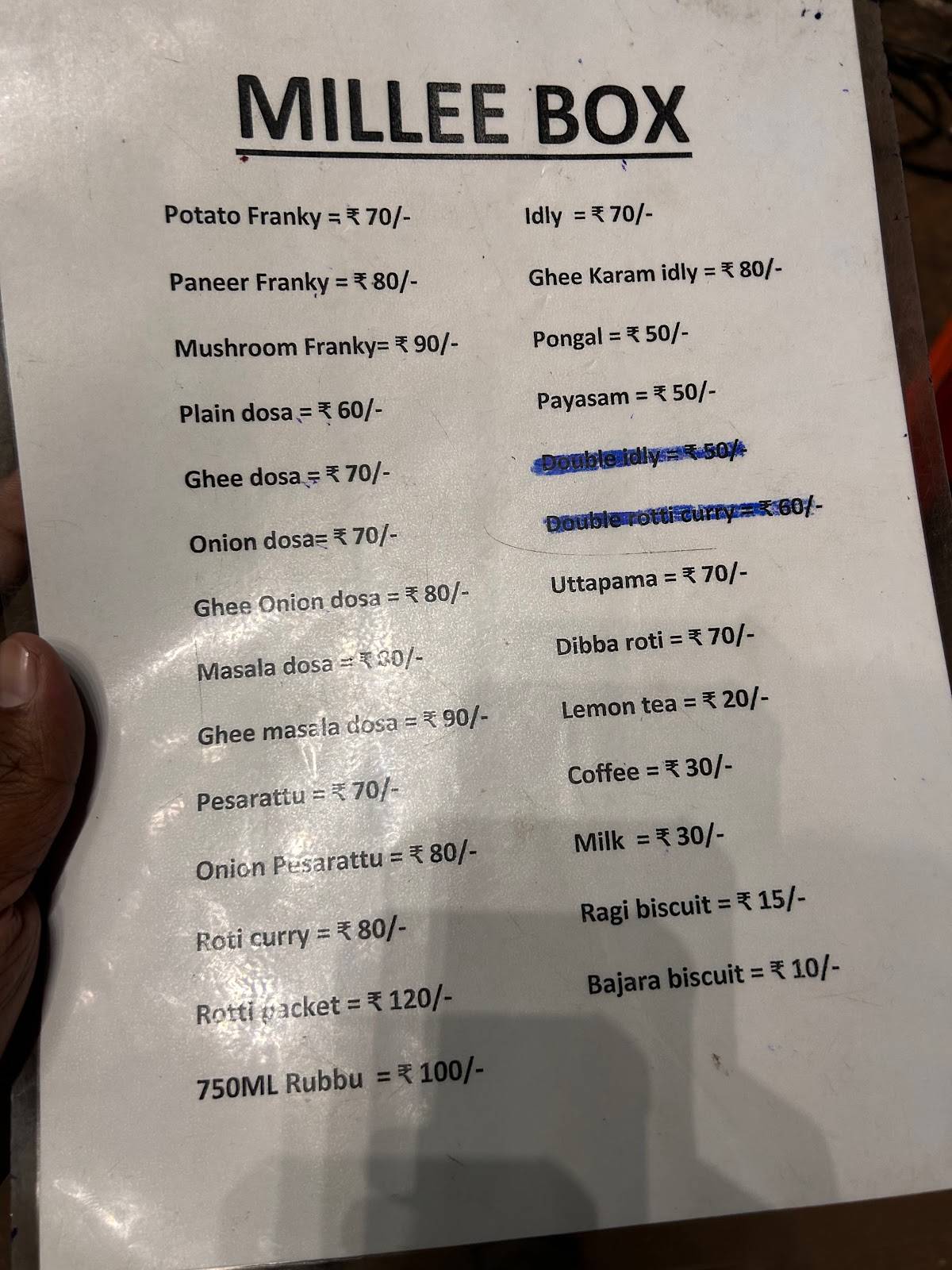 MILLEE BOX KITCHEN menu