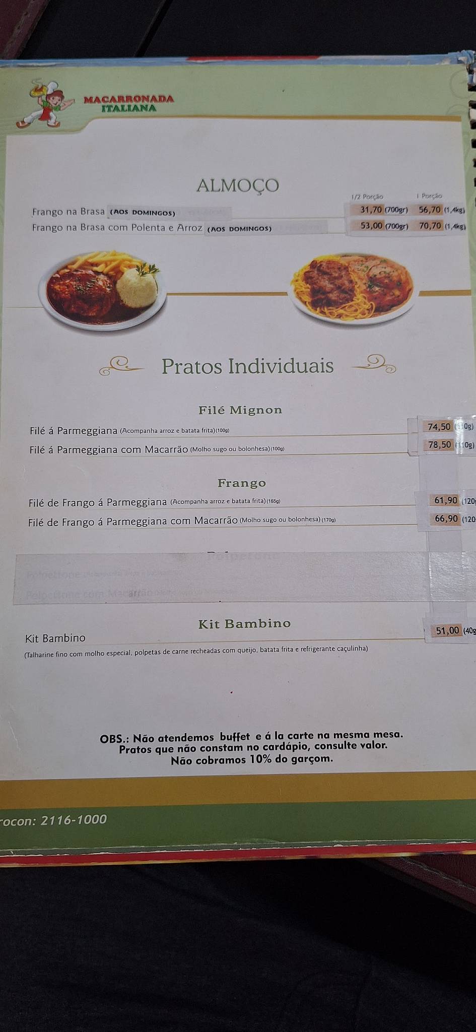 Macarronada Italiana cardápio