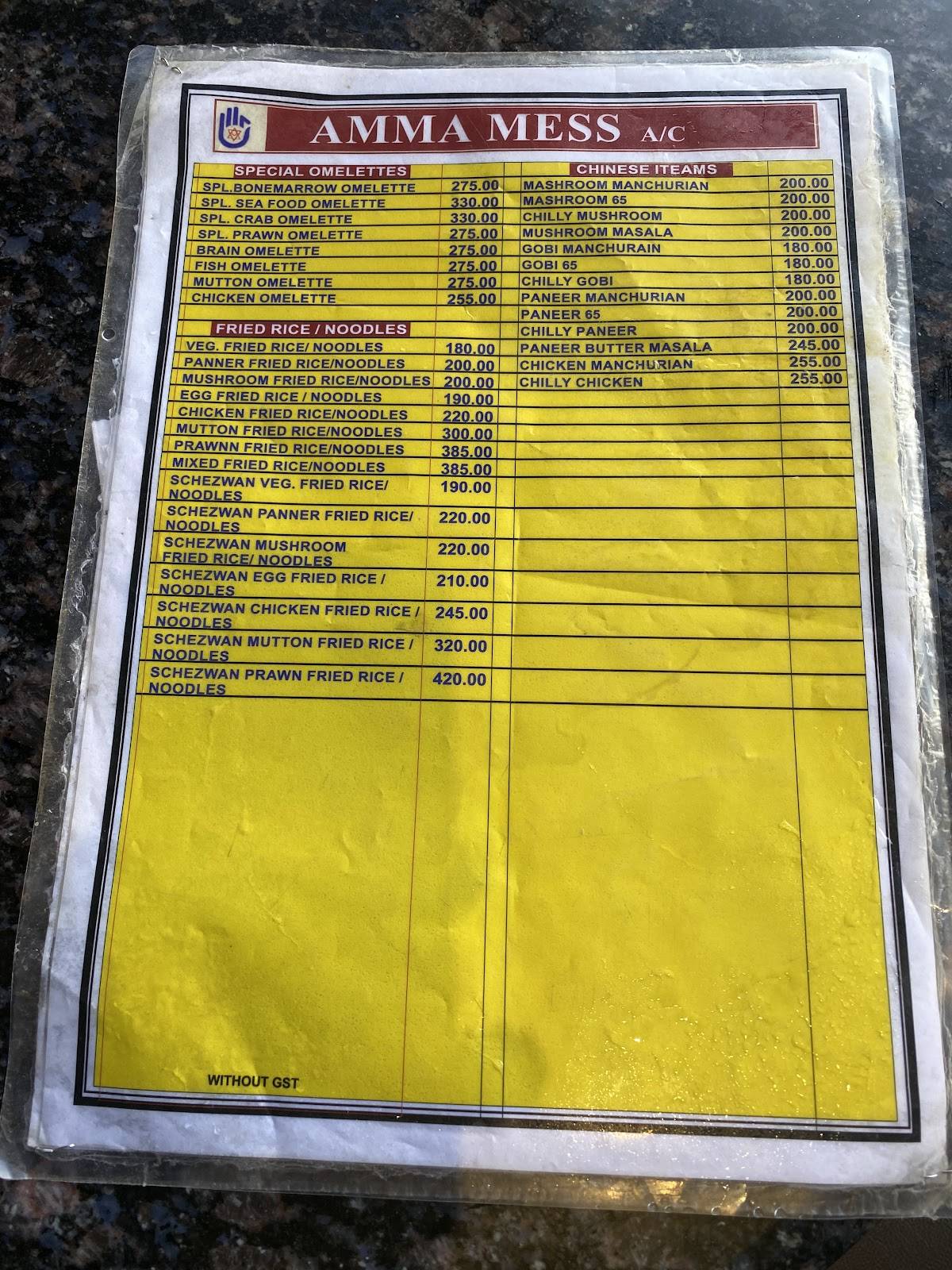 Amma Mess menu