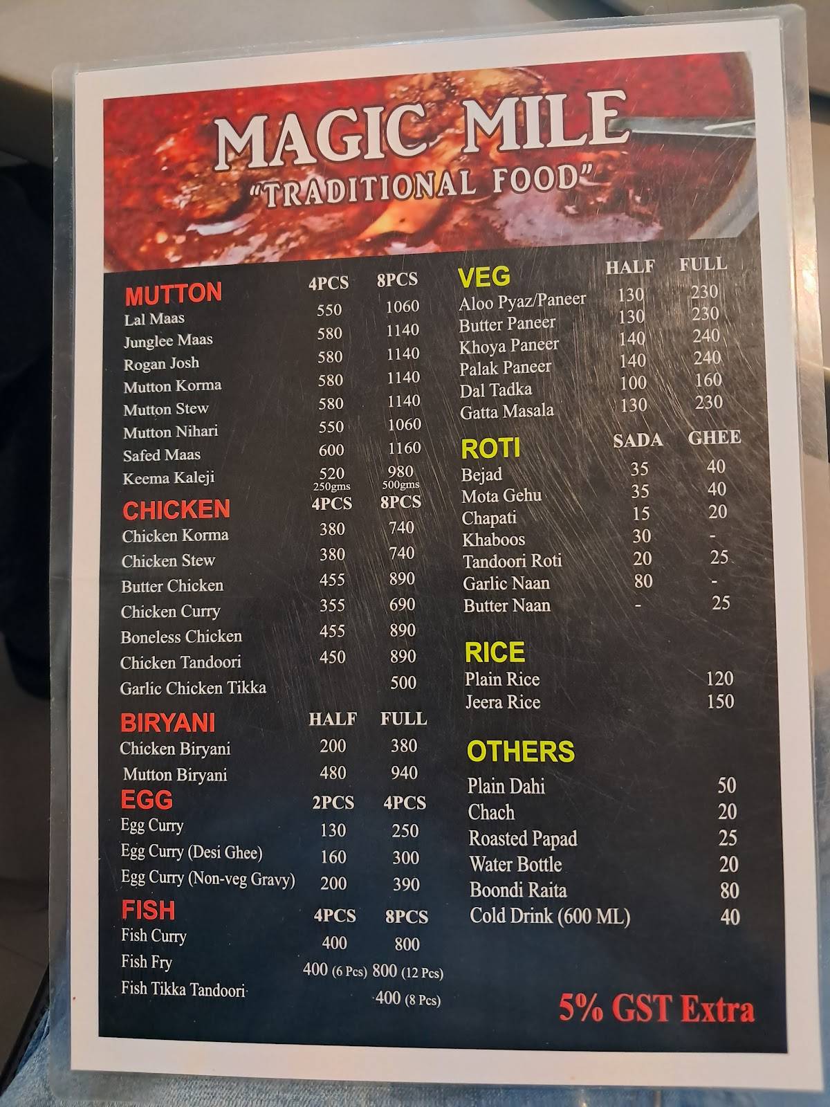 Magic Mile "Traditional Food" menu