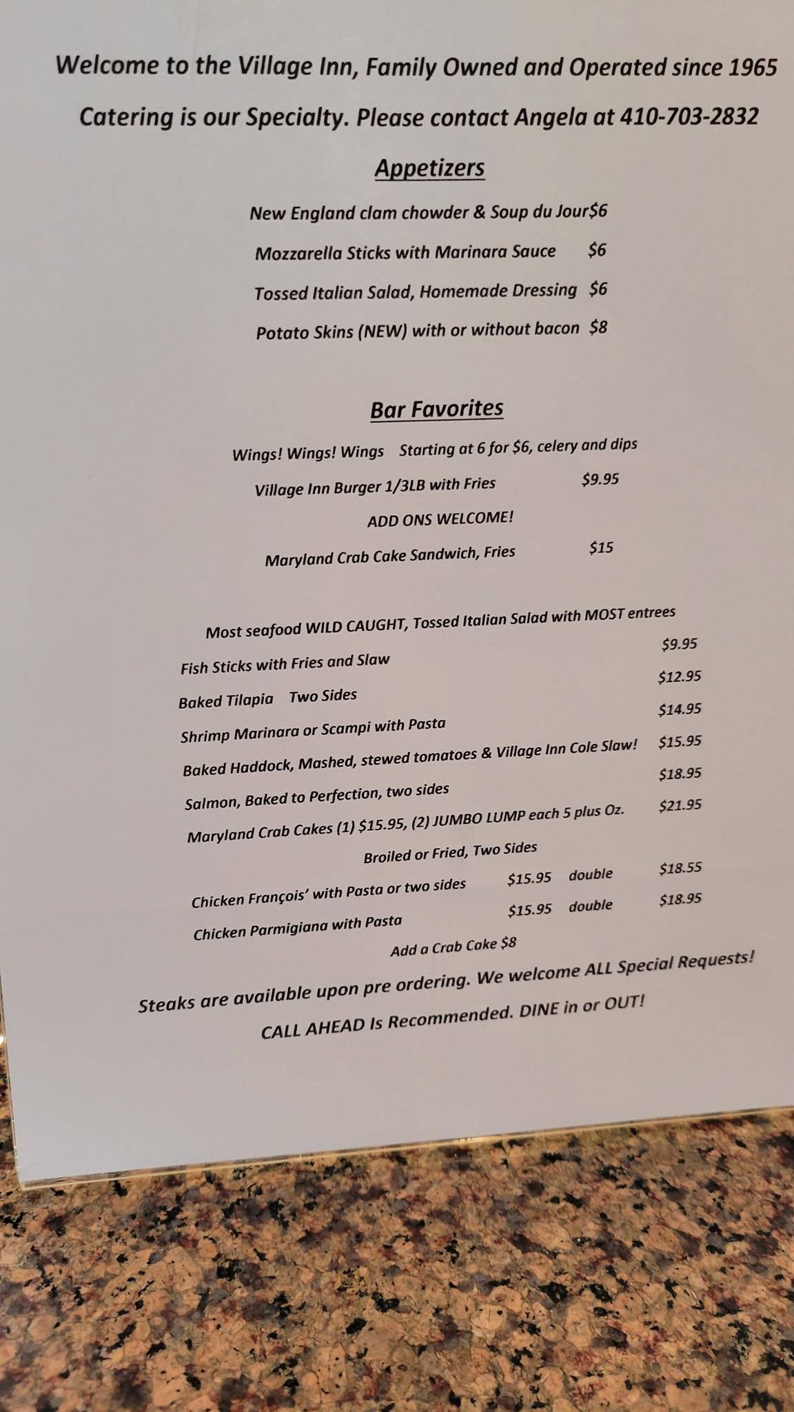 Menu at Village Inn restaurant, Mahanoy City