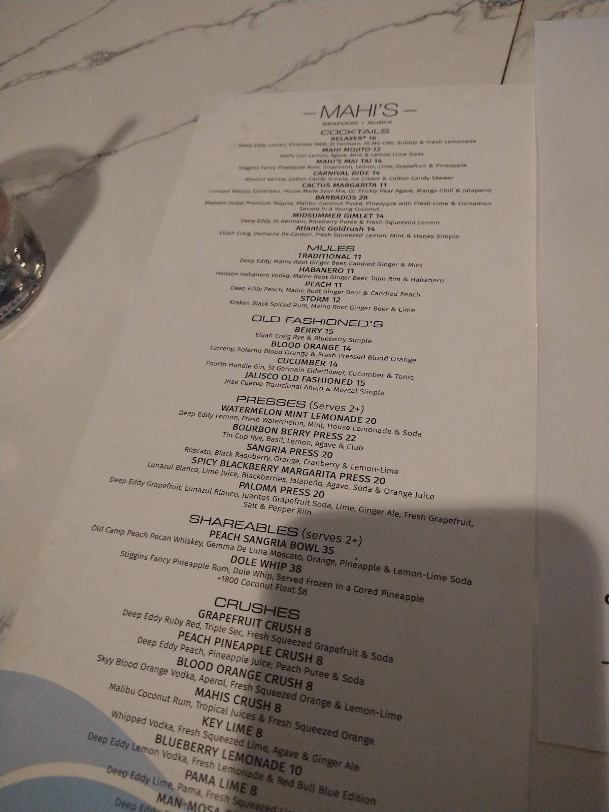 Menu at Mahi's restaurant, Virginia Beach