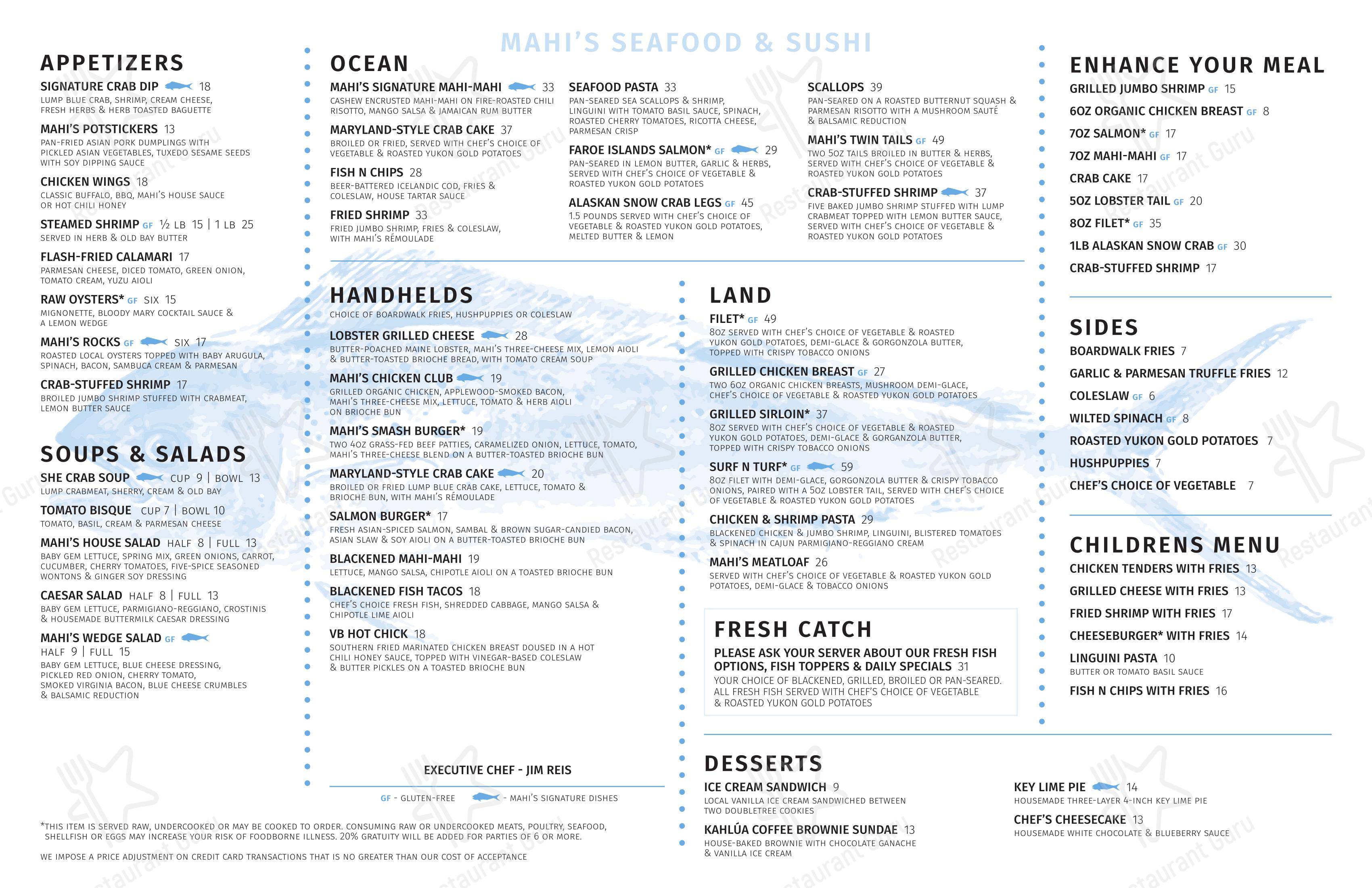 Menu at Mahi's restaurant, Virginia Beach