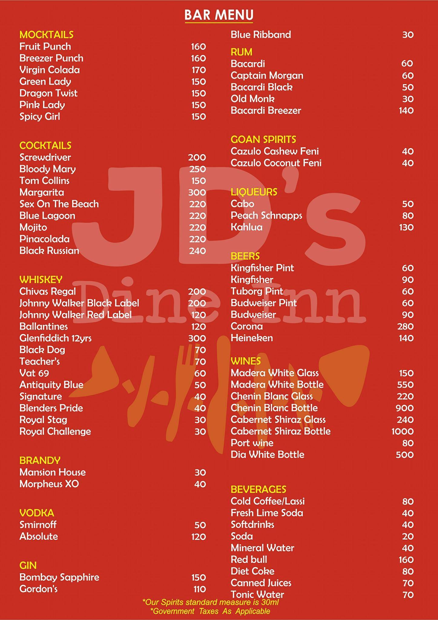 JD's Dine Inn menu