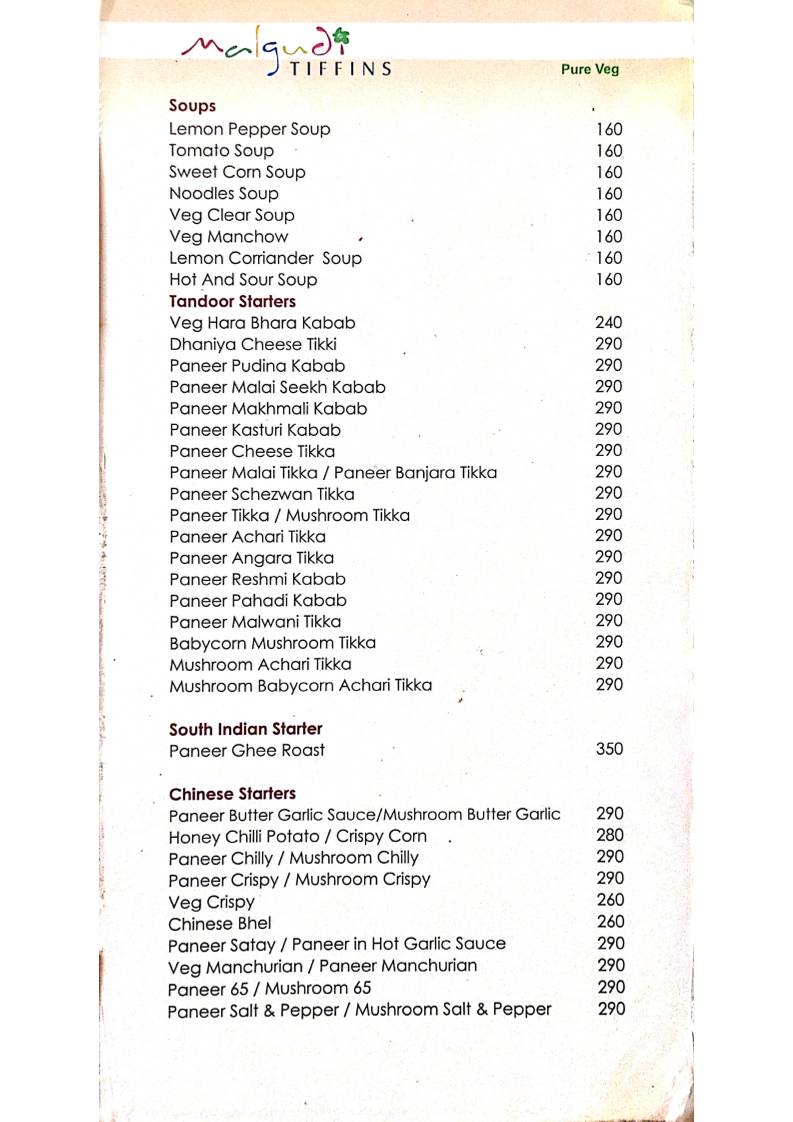 Malgudi Tiffins menu