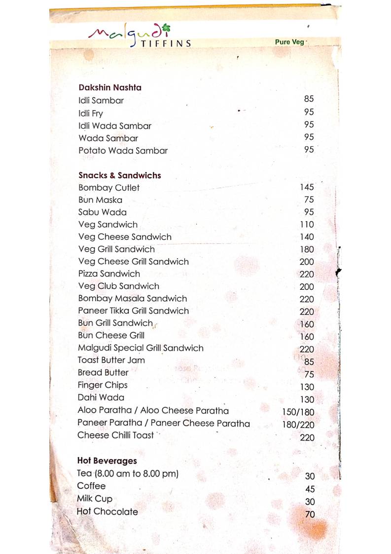 Malgudi Tiffins menu