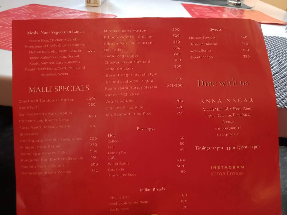 Malli Mess menu