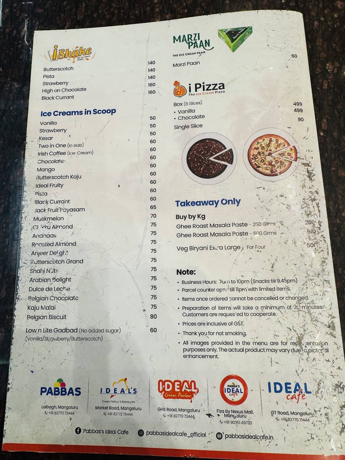 Pabbas Ideal Cafe, Bharat Mall menu