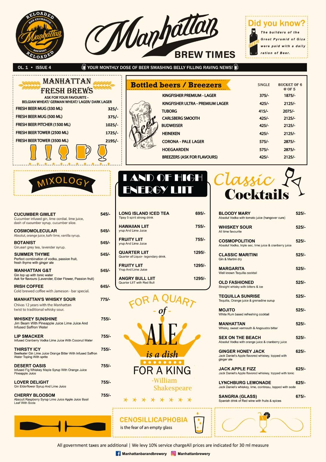 Manhattan Bar & Brewery menu