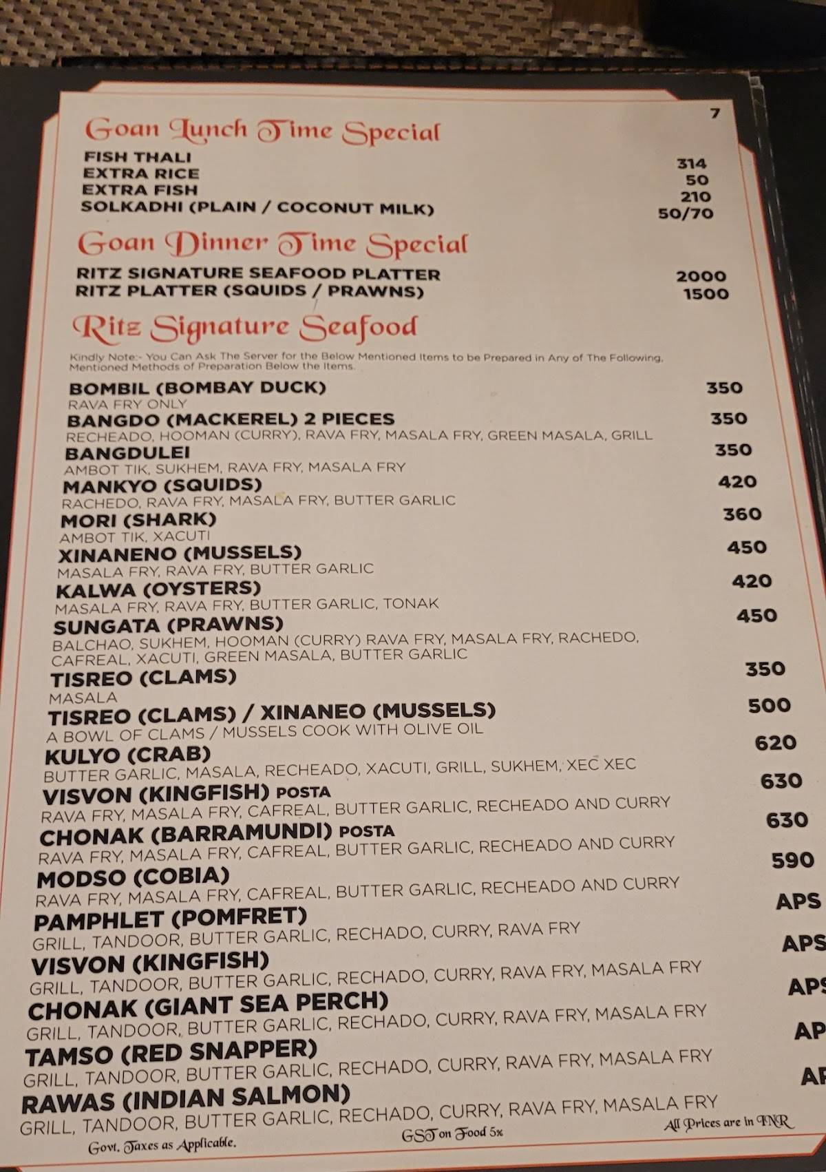 Ritz Classic Margao menu