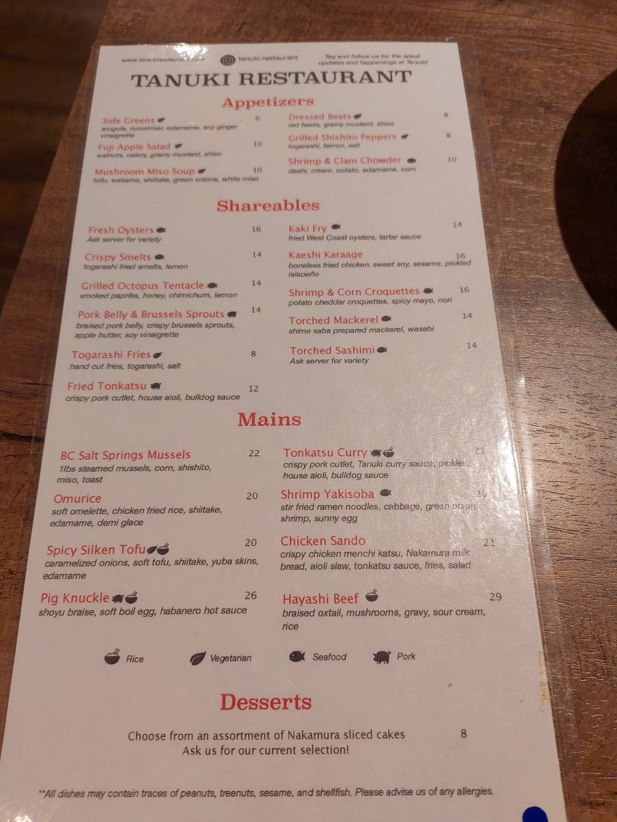 Menu de Tanuki Restaurant