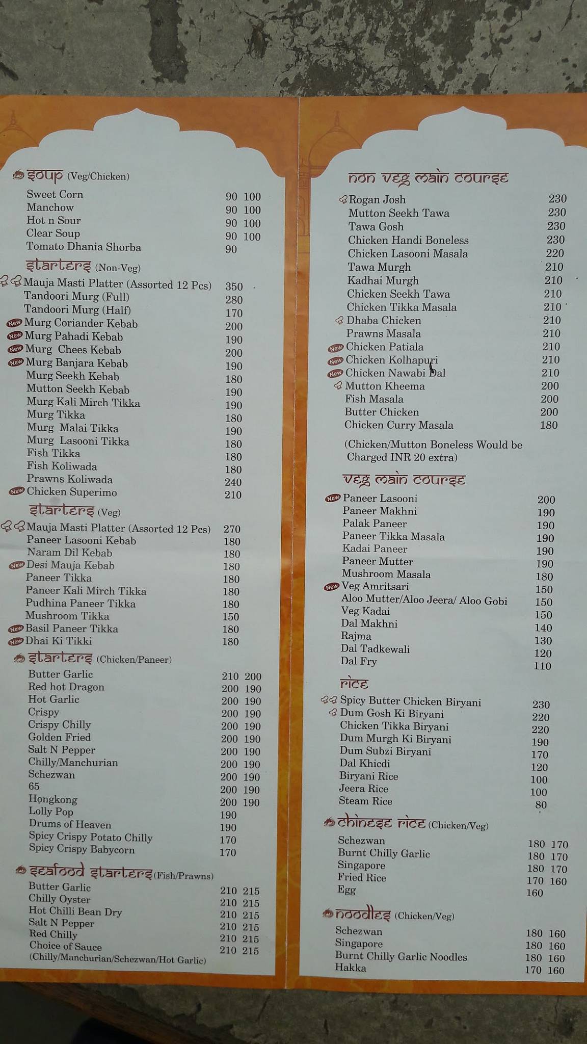 Mauja Restaurant menu