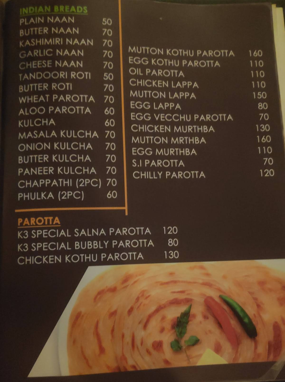 K3 Restaurant menu