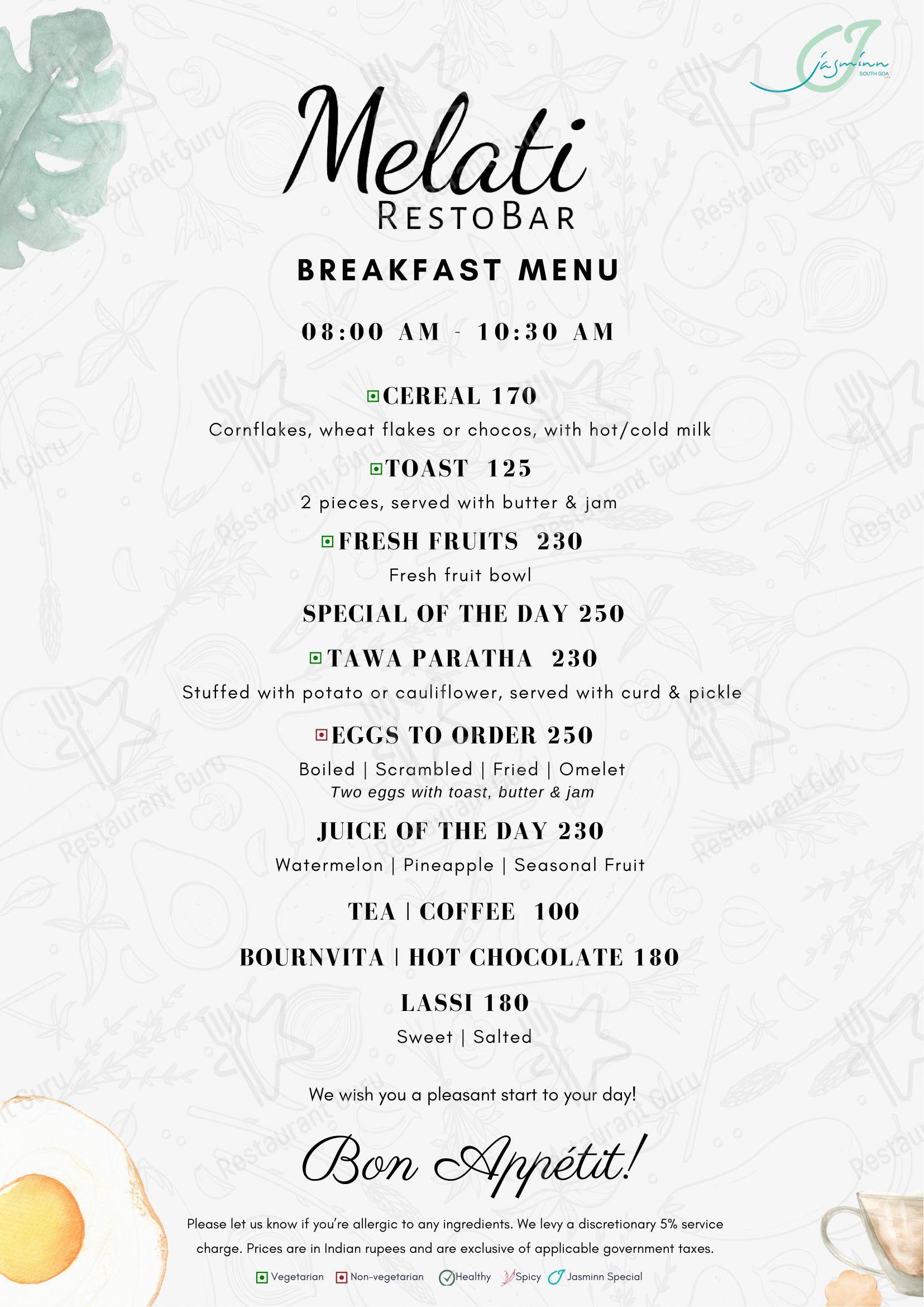 Menu for the Melati RestoBar restaurant