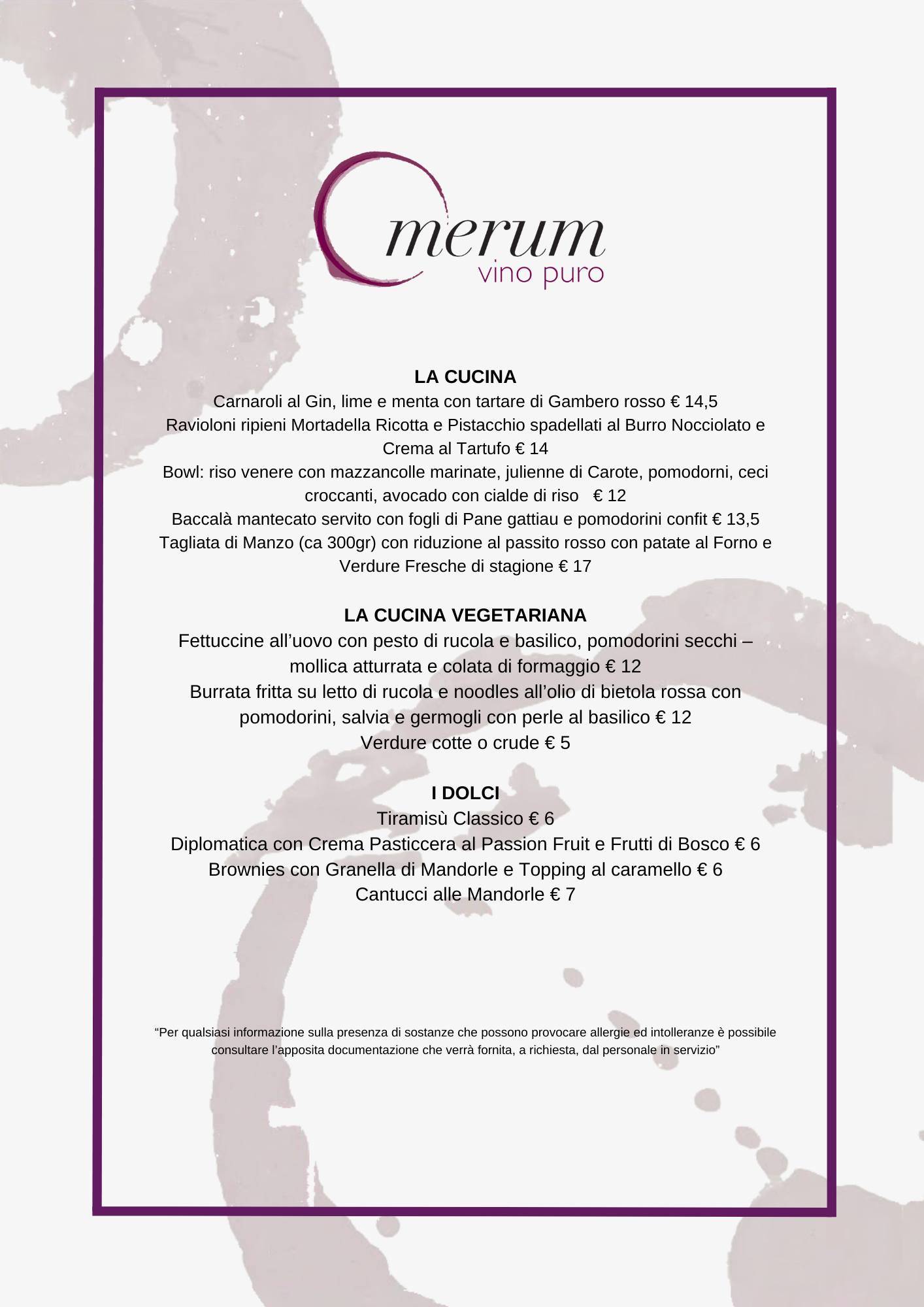 Menu di Merum Vini 