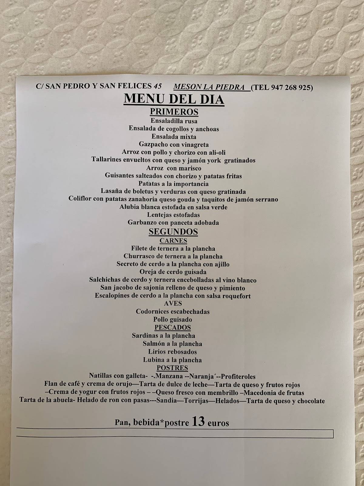 Menu at Mesón La Piedra restaurant, Burgos