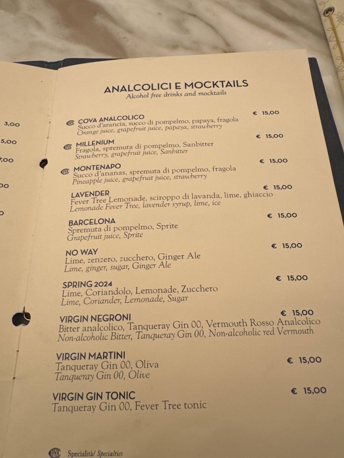 Menu di Cova Montenapoleone 
