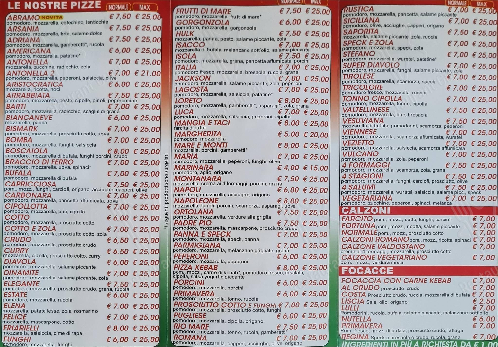 Menu per Pizzeria Tre Colori Milano ristorante