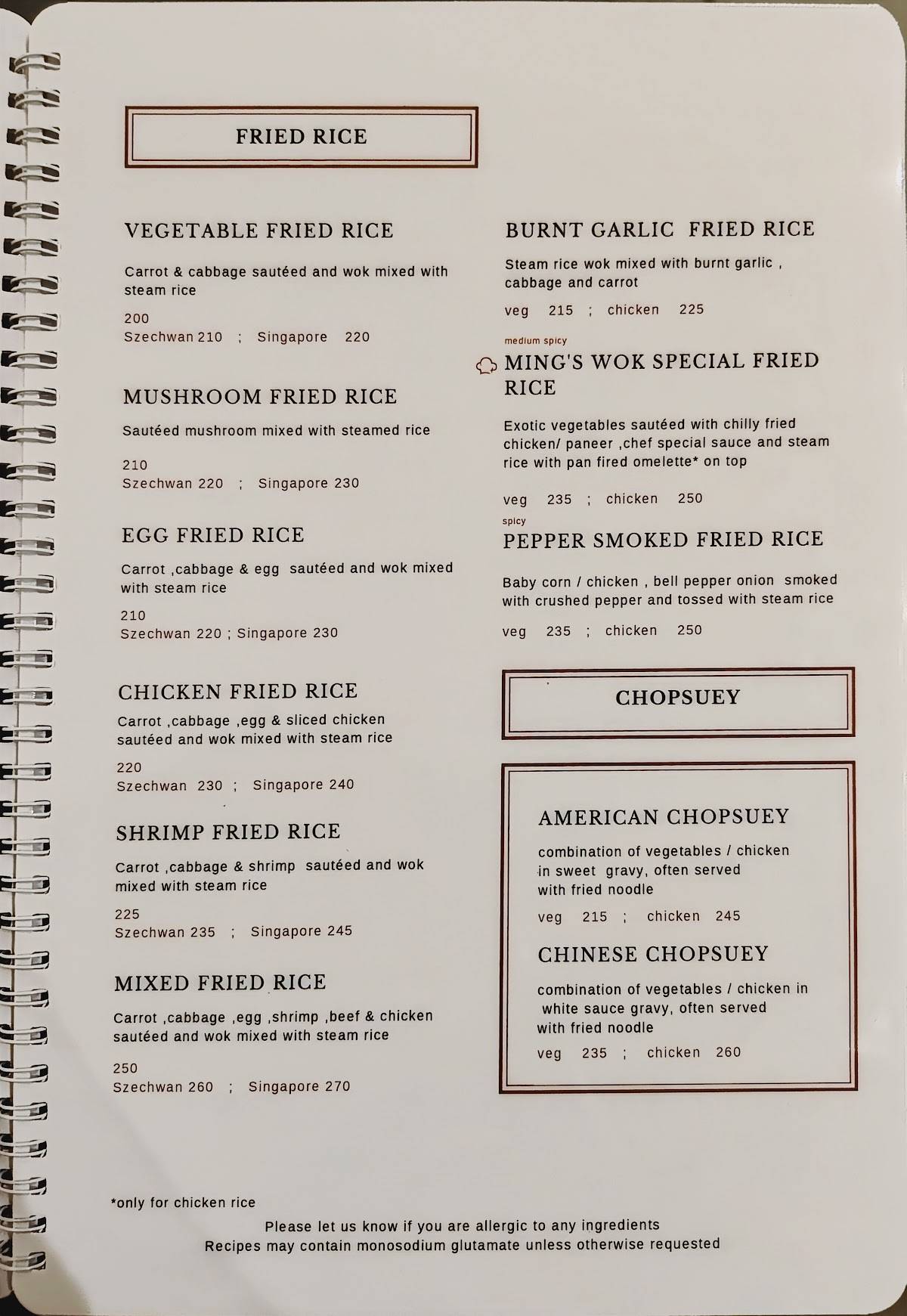 Ming's Wok chinese restaurant menu