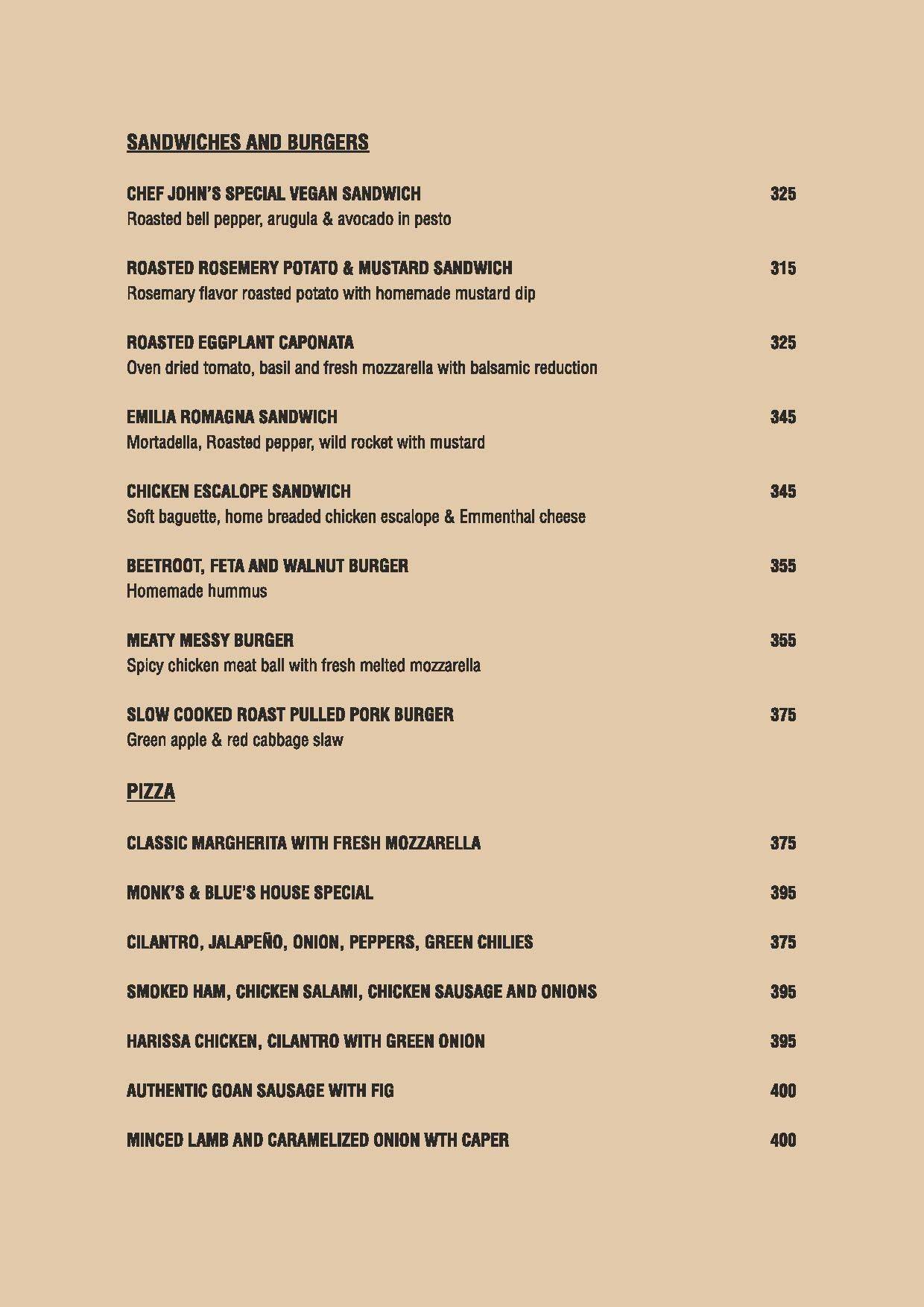 Monk's And Blue's menu