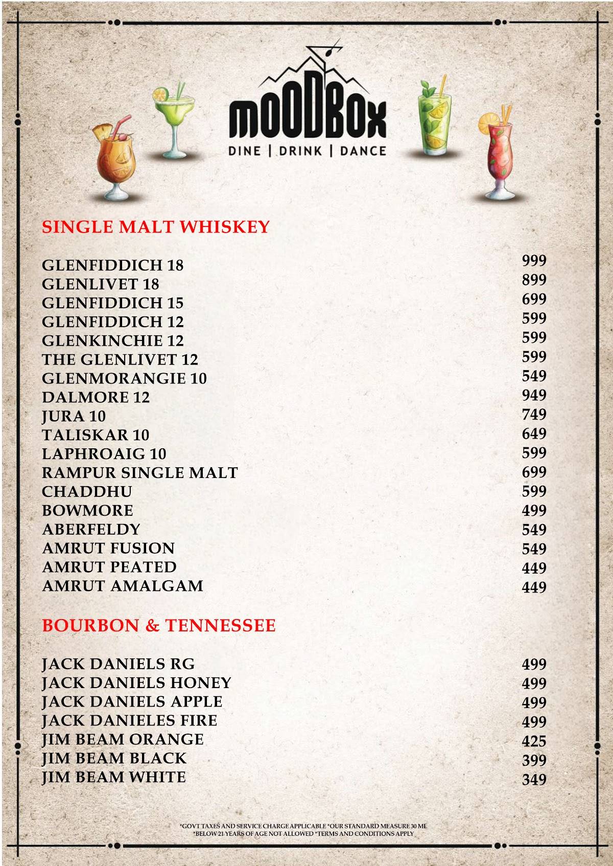 Mood Box Best Pub & Nightclub in Newtown Corporate Party Venue in Newtown menu
