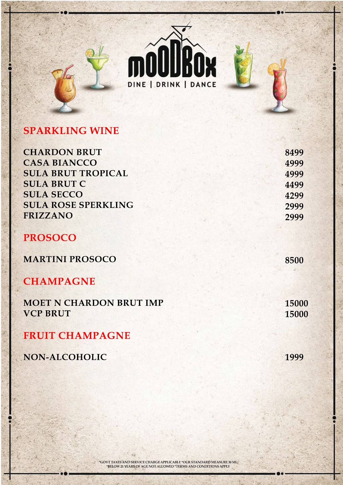 Mood Box Best Pub & Nightclub in Newtown Corporate Party Venue in Newtown menu