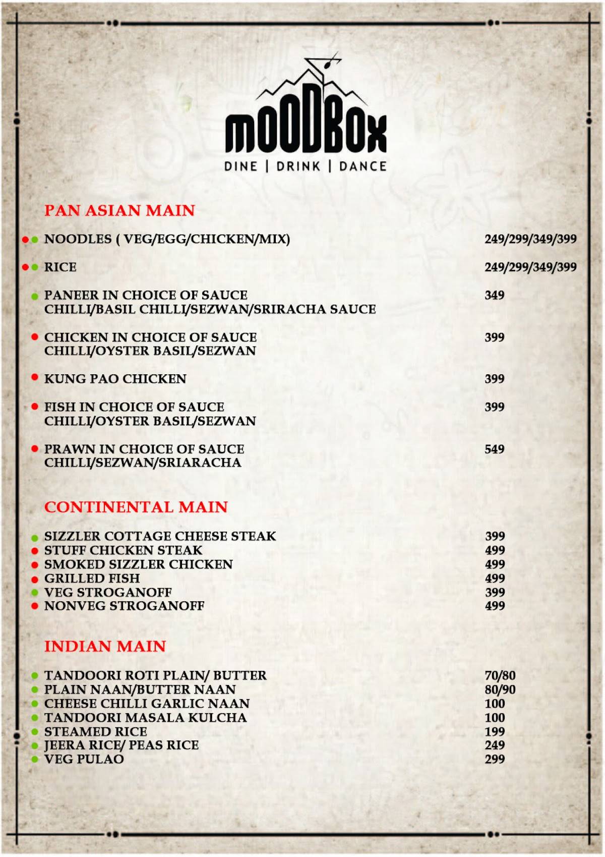 Mood Box Best Pub & Nightclub in Newtown Corporate Party Venue in Newtown menu