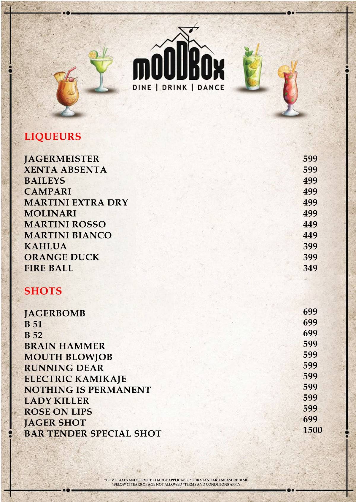 Mood Box Best Pub & Nightclub in Newtown Corporate Party Venue in Newtown menu