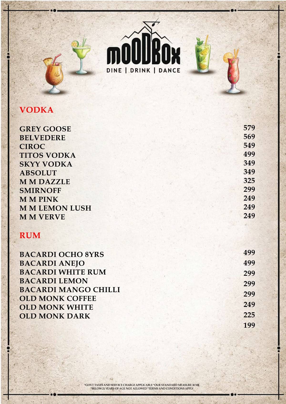 Mood Box Best Pub & Nightclub in Newtown Corporate Party Venue in Newtown menu
