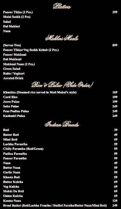 Moti Mahal Delux menu