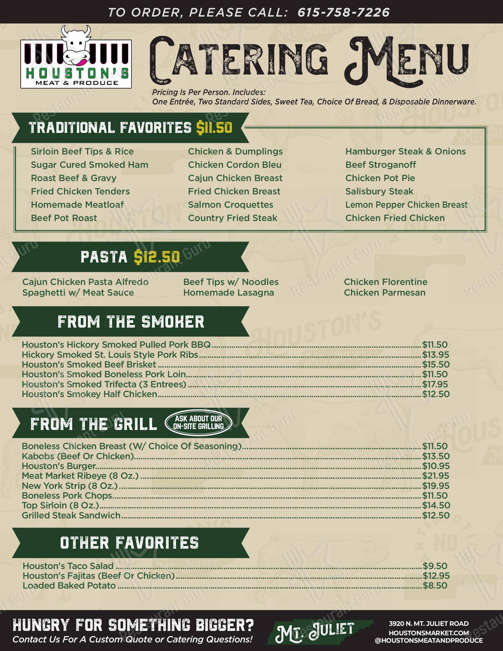 Menu at Houstons Meat Market restaurant, Mount Juliet