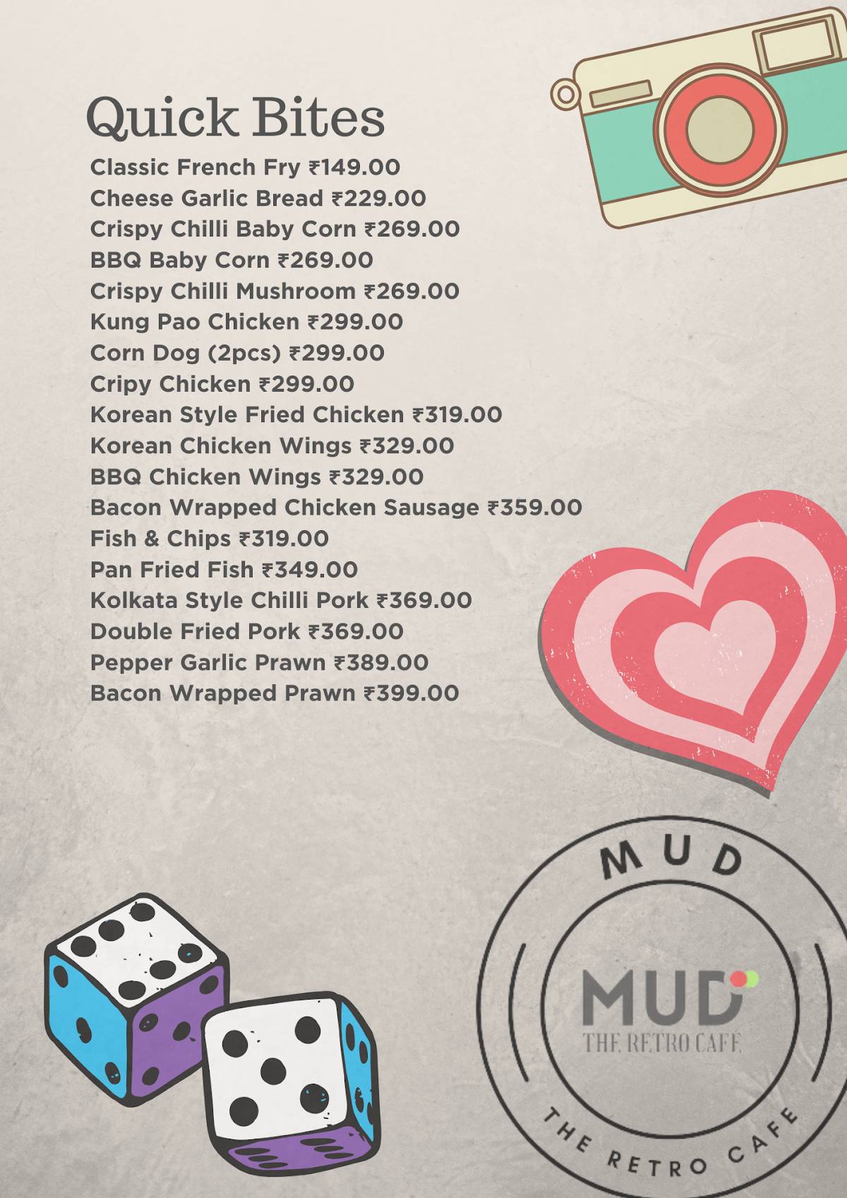 Mud - The Retro Cafe menu
