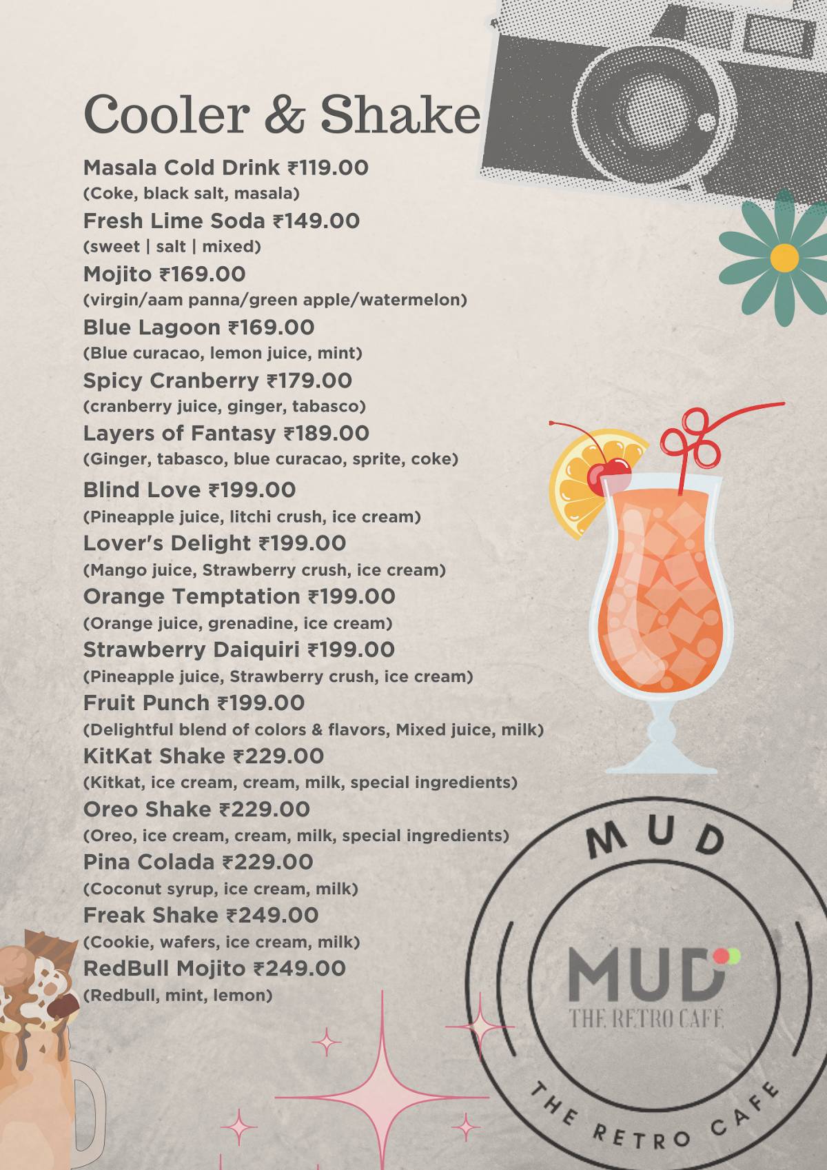 Mud - The Retro Cafe menu