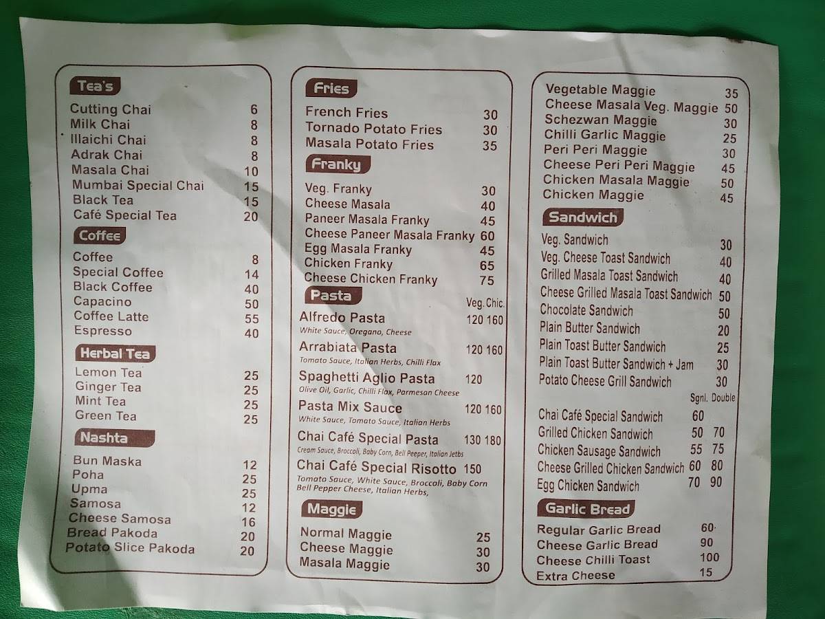 Chai Cafe menu