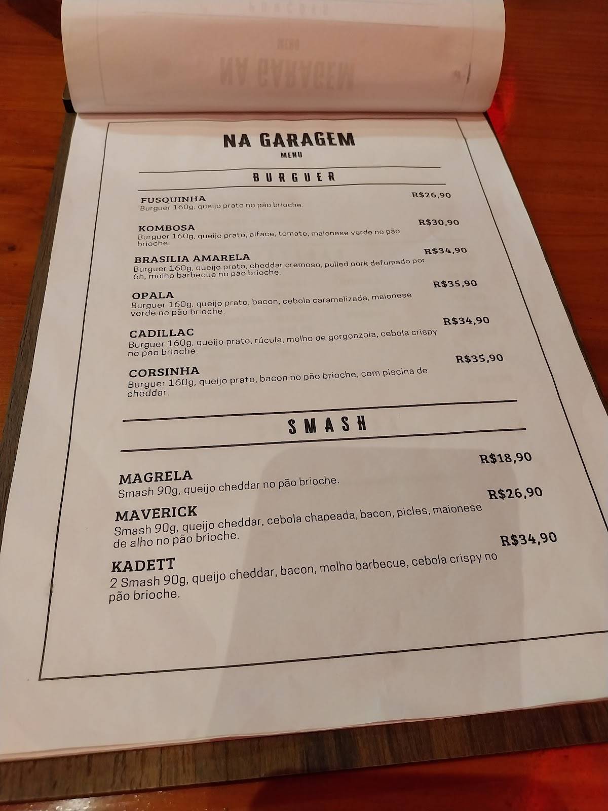NA GARAGEM cardápio