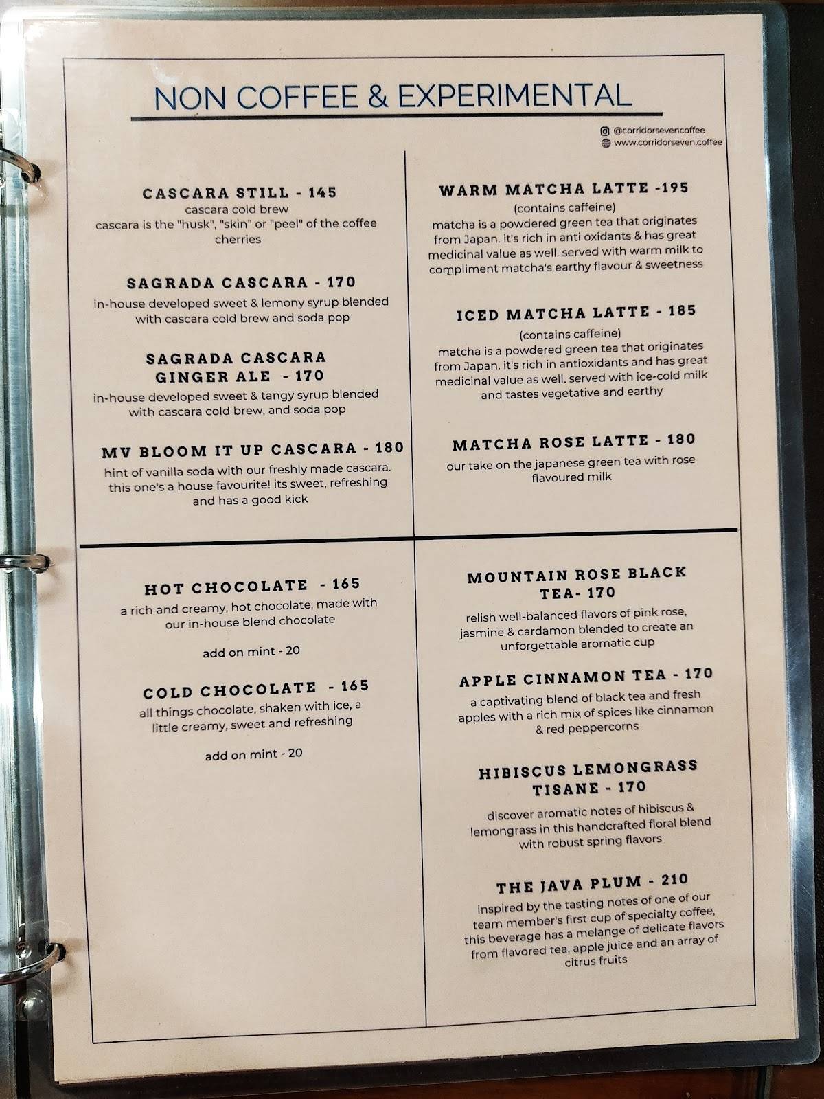 Corridor Seven Coffee Roasters menu