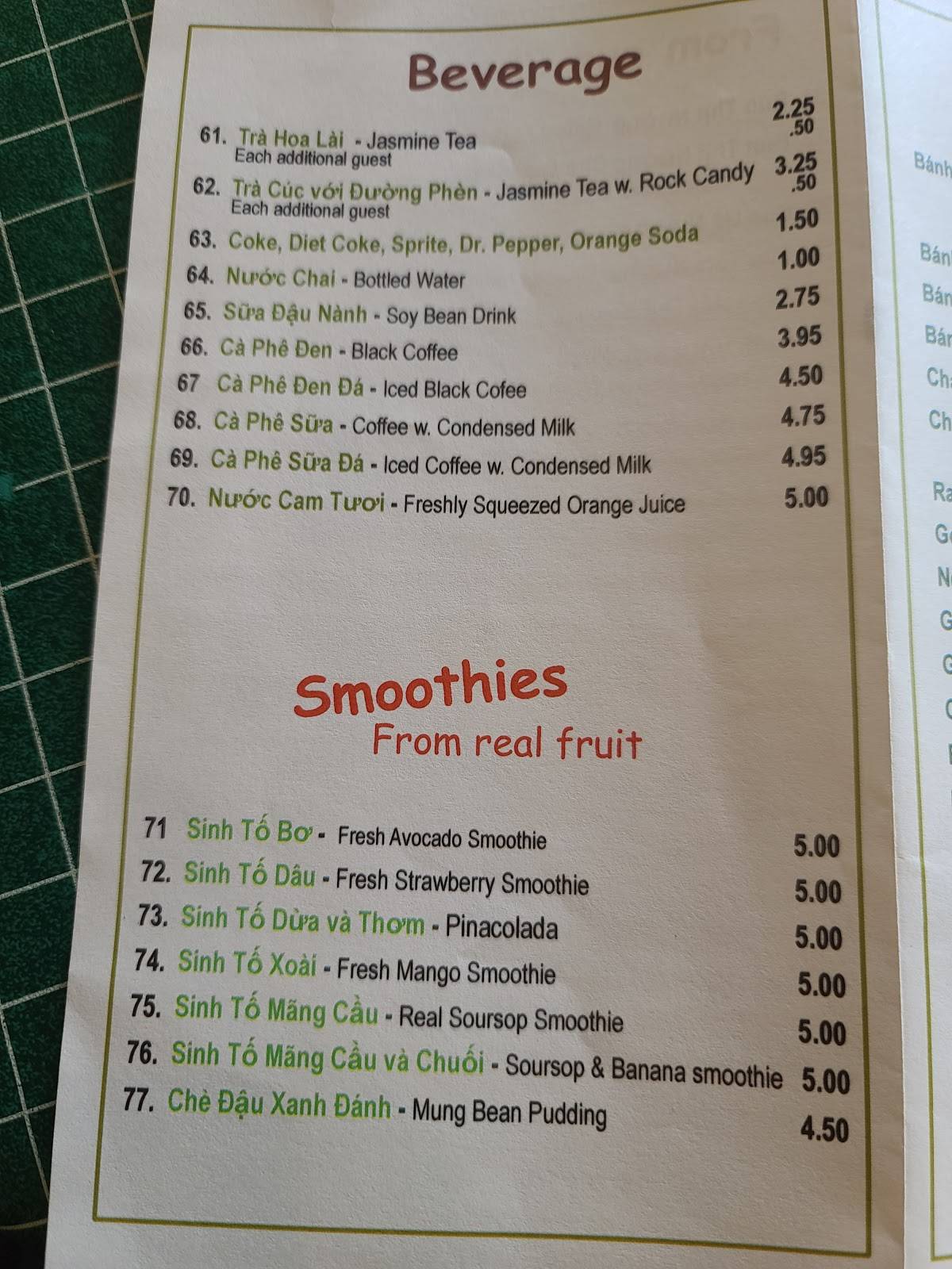 Menu at Nam Giao restaurant, Houston