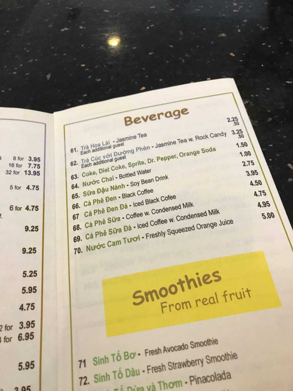 Menu at Nam Giao restaurant, Houston