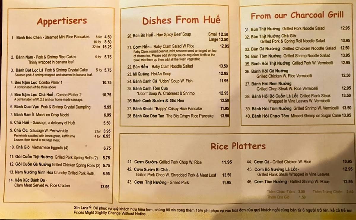 Menu at Nam Giao restaurant, Houston