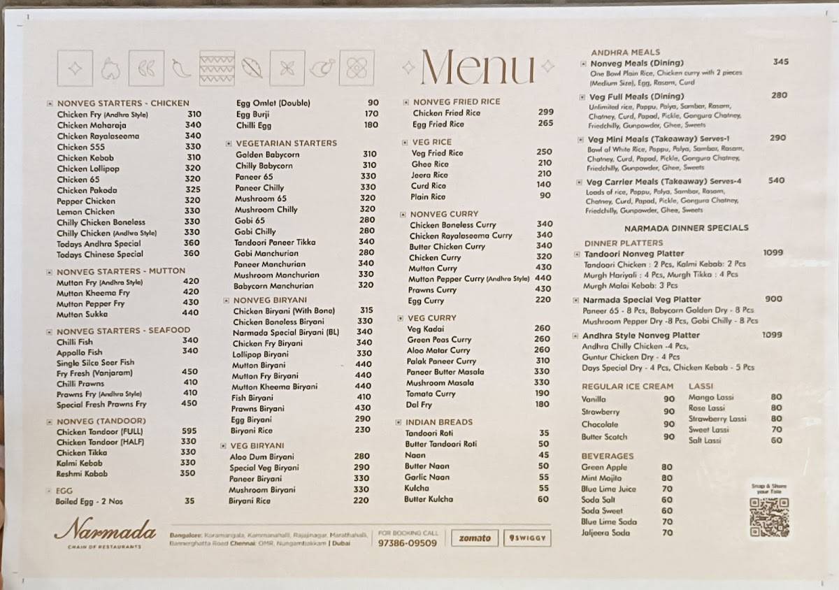 Narmada Restaurant Rajaji Nagar menu