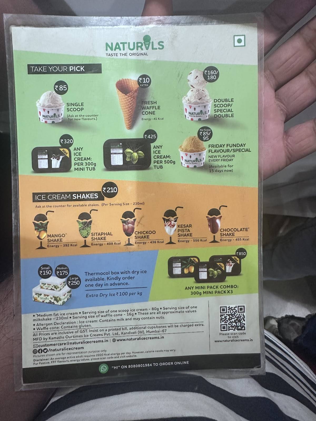 Naturals Ice Cream menu
